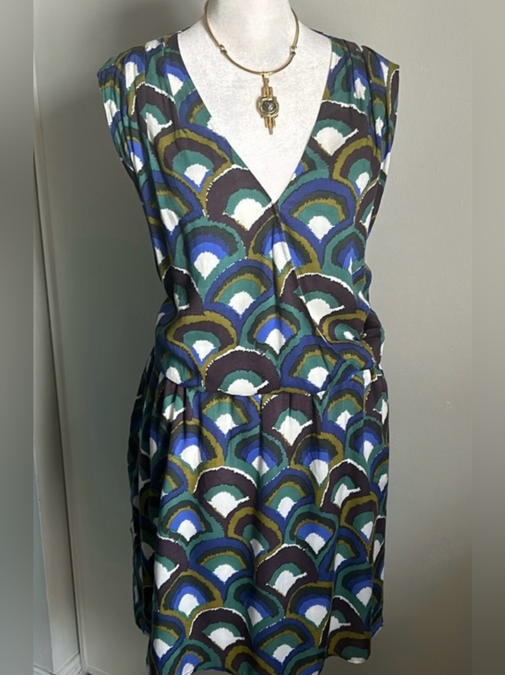 Boden Geometric Fan Wave Print Dress - Blue & Green - Size 16 - NWOT